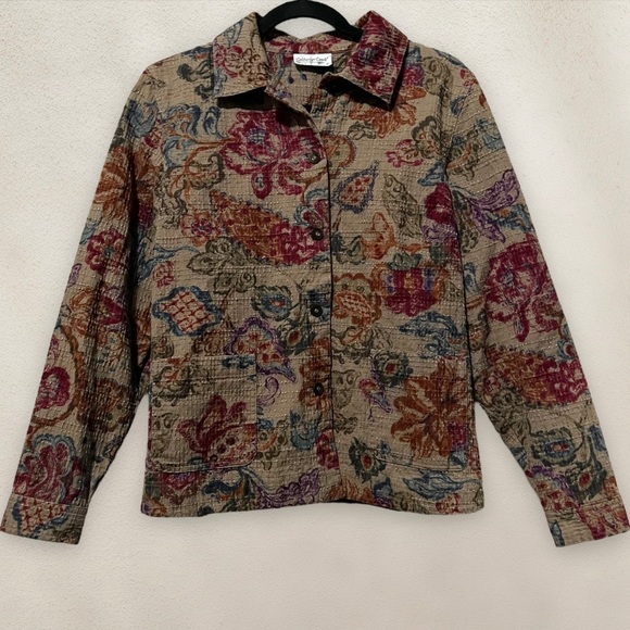 Coldwater Creek Floral Jacket Lightweight Button Up Tan Women's Size Large - Picture 1 of 6